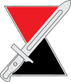 An hourglass, red on top and black on bottom, with diagonal bayonet imposed over it
