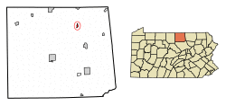Location of Tioga in Tioga County, Pennsylvania.