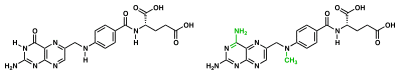 Two dimensional representations of the chemical structure of folic acid and methotrexate highlighting the differences between these two substances (amidation of pyrimidone and methylation of secondary amine).