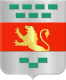 The coat of arms mimics the flag. The bands are equal width, the lion rampant is in the middle and number of green rectangles are changed to four and three on top and two and one in the bottom.