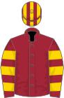Maroon, gold hooped sleeves, striped cap