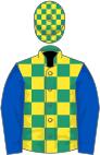Emerald green and yellow check, royal blue sleeves