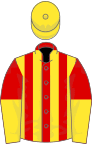 Red, yellow stripes, halved sleeves, yellow cap