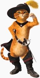 A fictional cat from the Shrek franchise wearing boots, a feathered hat, and a cape while wielding a sword