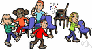 going to Jerusalem - a child's game in which players march to music around a group of chairs that contains one chair less than the number of players