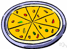 pizza - Italian open pie made of thin bread dough spread with a spiced mixture of e.g. tomato sauce and cheese