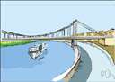 suspension bridge - a bridge that has a roadway supported by cables that are anchored at both ends