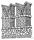 crenelation - a rampart built around the top of a castle with regular gaps for firing arrows or guns