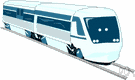 railroad train - public transport provided by a line of railway cars coupled together and drawn by a locomotive