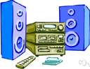 stereo system - reproducer in which two microphones feed two or more loudspeakers to give a three-dimensional effect to the sound