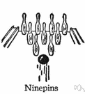 ninepins - a bowling game that is played by rolling a bowling ball down a bowling alley at a target of nine wooden pins