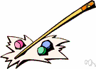 cue stick - sports implement consisting of a tapering rod used to strike a cue ball in pool or billiards