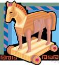 Trojan horse - a large hollow wooden figure of a horse (filled with Greek soldiers) left by the Greeks outside Troy during the Trojan War