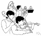 orchestra - a musical organization consisting of a group of instrumentalists including string players