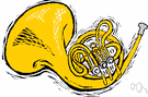 Horn - a brass musical instrument consisting of a conical tube that is coiled into a spiral and played by means of valves