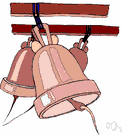 church bell - a bell in a church tower (usually sounded to summon people to church)