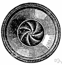 iris diaphragm - diaphragm consisting of thin overlapping plates that can be adjusted to change the diameter of a central opening