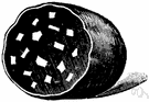 Headcheese - sausage or jellied loaf made of chopped parts of the head meat and sometimes feet and tongue of a calf or pig