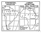 sinusoidal projection - an equal-area map projection showing parallels and the equator as straight lines and other meridians as curved
