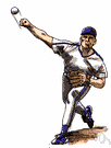 pitching - (baseball) playing the position of pitcher on a baseball team