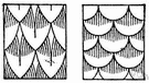 lapping - covering with a design in which one element covers a part of another (as with tiles or shingles)