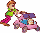pram - a small vehicle with four wheels in which a baby or child is pushed around