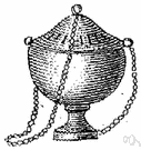 censer - a container for burning incense (especially one that is swung on a chain in a religious ritual)