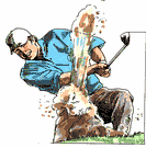 swing - the act of swinging a golf club at a golf ball and (usually) hitting it