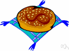 hot cross bun - moderately sweet raised roll containing spices and raisins and citron and decorated with a cross-shaped sugar glaze