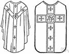 chasuble - a long sleeveless vestment worn by a priest when celebrating Mass