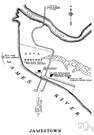 Jamestown - a former village on the James River in Virginia to the north of Norfolk
