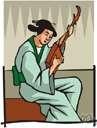 samisen - a Japanese stringed instrument resembling a banjo with a long neck and three strings and a fretted fingerboard and a rectangular soundbox