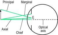 Fig. R2 Rays of light incident to the eye (E, centre of the entrance pupil of the eye)