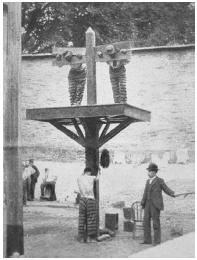 This 1907 photograph taken in a Delaware prison shows two inmates in a pillory with another receiving a whipping. Such forms of punishment have been outlawed. LIBRARY OF CONGRESS