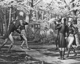 A depiction of the duel between Alexander Hamilton and Aaron Burr on July 11, 1804. Hamilton intentionally missed Burr, but Burr&#x0027;s shot wounded Hamilton, who died the next day. LIBRARY OF CONGRESS