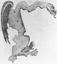 Portraitist Gilbert C. Stuart&#x0027;s depiction of an 1812 Massachusetts redistricting scheme favoring the political party of Governor Elbridge Gerry was the inspiration for the term gerrymander. LIBRARY OF CONGRESS