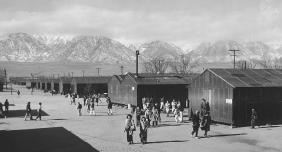 This 1943 photograph by Ansel Adams shows the Manzanar Relocation Center located near Independence, California. The camp was one of ten centers to which Japanese American citizens and Japanese resident aliens were held during World War II. LIBRARY OF CONGRESS