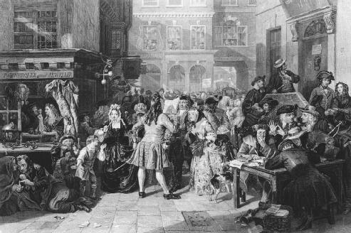 Anxious investors wait for news about the South Sea Company, a joint stock company formed in London in 1711. Joint stock companies are a form of partnership in which each member, or stockholder, is financially responsible for the acts of the company. LIBRARY OF CONGRESS