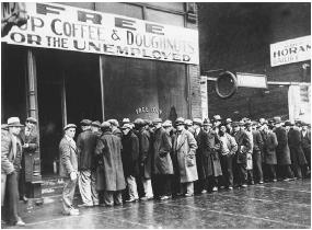 Unemployed men gather at a Chicago soup kitchen in February 1931. Roosevelt&#x0027;s New Deal was a response to the severe economic decline that engulfed the nation in the first years of the Great Depression. Two years after the September 1929 crash of the stock market 33 percent of the labor force was unemployed. NATIONAL ARCHIVES AND RECORDS ADMINISTRATION