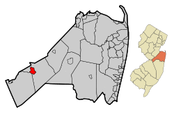 Map of Roosevelt in Monmouth County. Inset: Location of Monmouth County highlighted in the State of New Jersey.