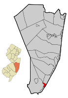 Map of Beach Haven in Ocean County. Inset: Location of Ocean county highlighted in the State of New Jersey.