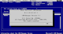 Microsoft OS/2 LAN Manager version 2.1 running in text mode.