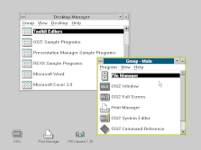 Microsoft OS/2 running the Presentation Manager. Present are the Desktop Manager showing the installed programs