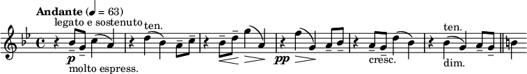  \relative c'' { \clef treble \time 4/4 \tempo "Andante" 4 = 63 \key g \minor r4^"legato e sostenuto" bes8--\p_"molto espress." g-- c4( a) | r d(^"ten." bes) a8-- c-- | r4 bes8--\< d--\! g4(\> a,\!) | r\pp f'\>( g,)\! a8-- bes-- | r4 a8--_"cresc." g-- d'4( bes)| r bes(^"ten."_"dim." g) a8-- g-- \bar "||" b4} 
