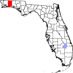 A state map highlighting Okaloosa County in the northwestern part of the state. It is medium in size and shaped like a narrow rectangle.