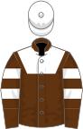 Brown, white yoke, white hoops on sleeves, white cap