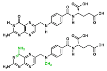 The chemical structures of folic acid and methotrexate highlighting the differences between these two substances (amidation of pyrimidone and methylation of secondary amine)