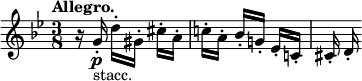  \relative c'' { \clef treble \key g \minor \time 3/8 \tempo "Allegro." r16 g-.]\p_"stacc." d'-.[ gis,-.] cis-.[ a-.] | c!-.[ a-.] bes-.[ g!-.] es-.[ c!-.] | cis-. d-. } 