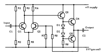 An electronic circuit diagram including resistors, capacitors, transistors and diodes