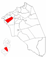 Moorestown Township highlighted in Burlington County. Inset map: Burlington County highlighted in the State of New Jersey.